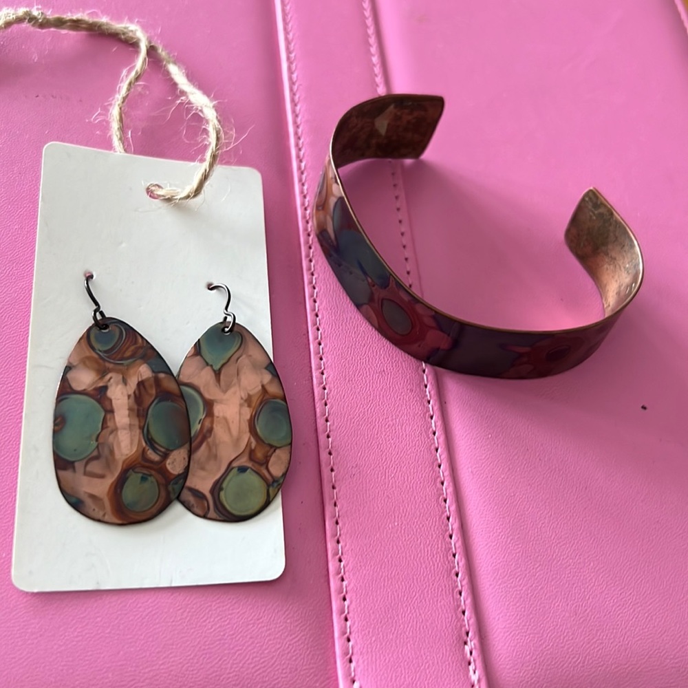 Fired copper bracelet and earrings